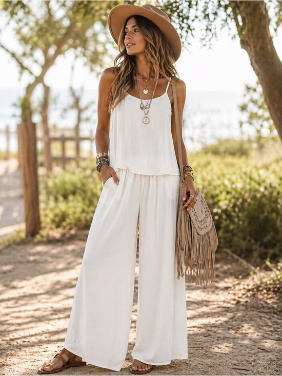Zenana Outfitters Pants - ZENANA Ivory Boho Chic Lounge Pants and Cami Top Set Size Large NWT
